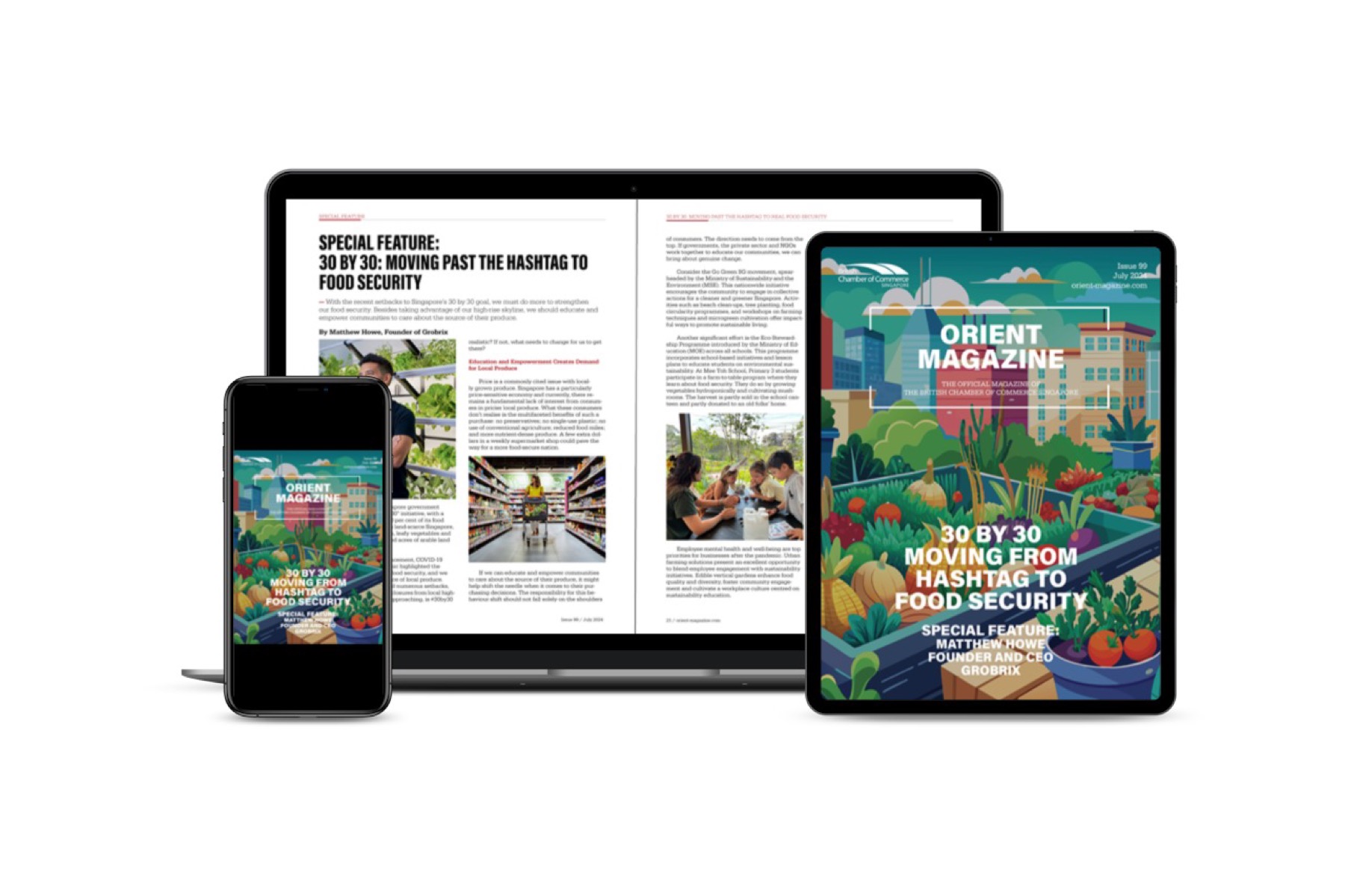 Orient Magazine shown on a laptop, a tablet and a phone